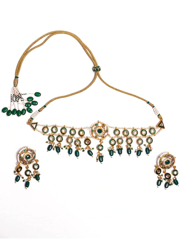 Women's Gold Plated Green & White Kundan Studded Handcrafted Jewellery Set - Morkanth