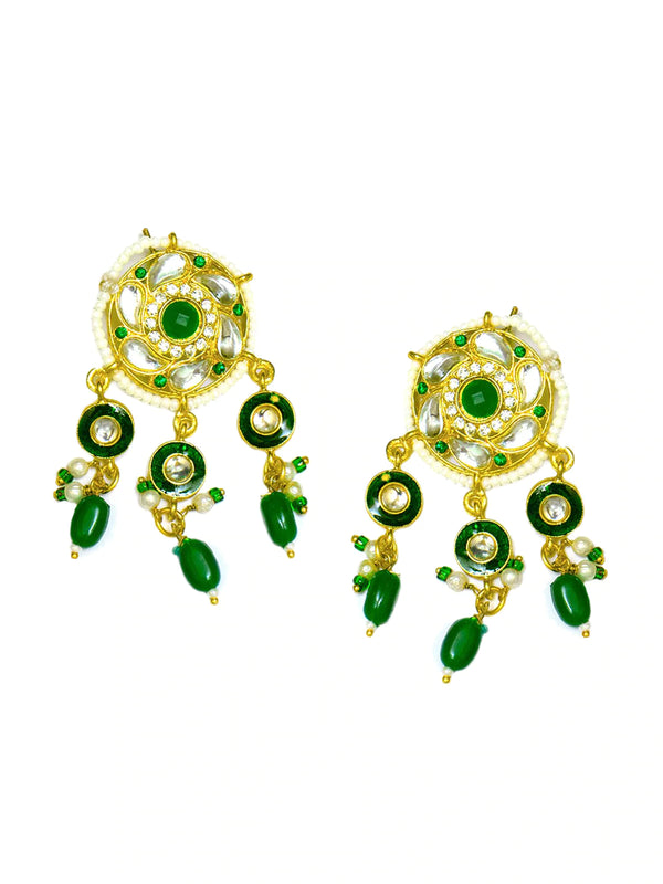 Women's Gold-Plated Green & White Kundan Stone-Studded Jewellery Set - Morkanth