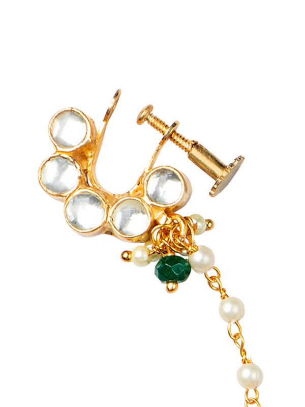 Women's Gold-Plated & Off-White Kundan-Studded Chained Nose Ring - Morkanth