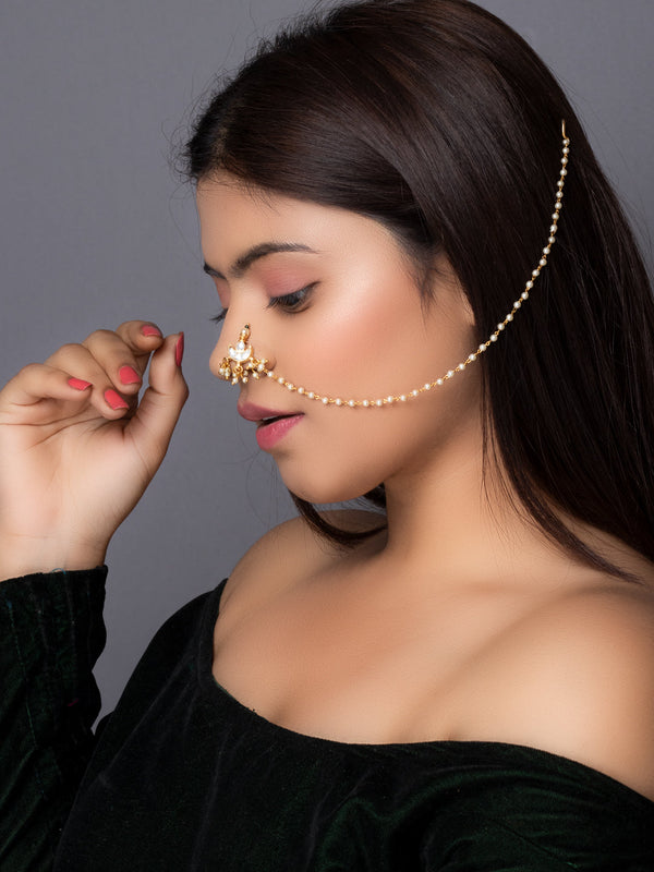 Women's Gold-plated Off-White Pachi Kundan-Studded & Beaded Chained Nose Ring - Morkanth