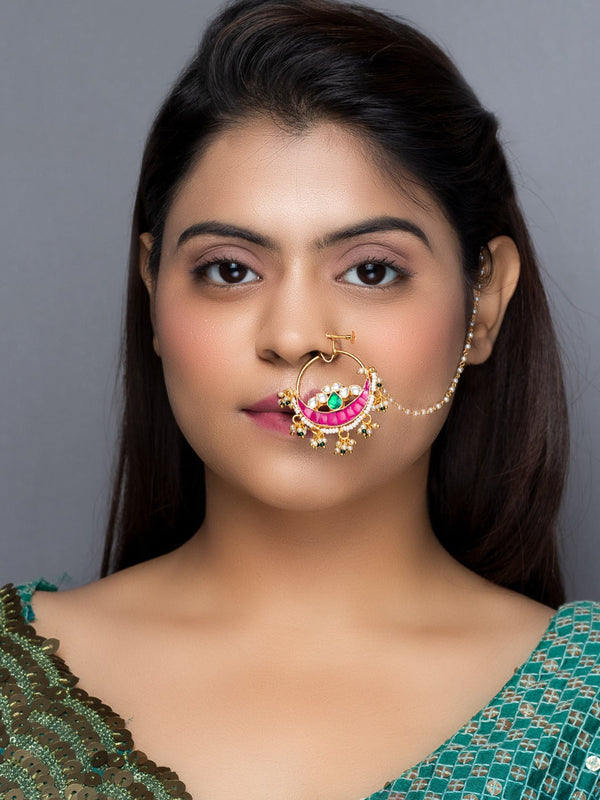 Women's 24 K Gold-Plated Pink & White pachi Kundan-Studded Chained Nose Ring - Morkanth