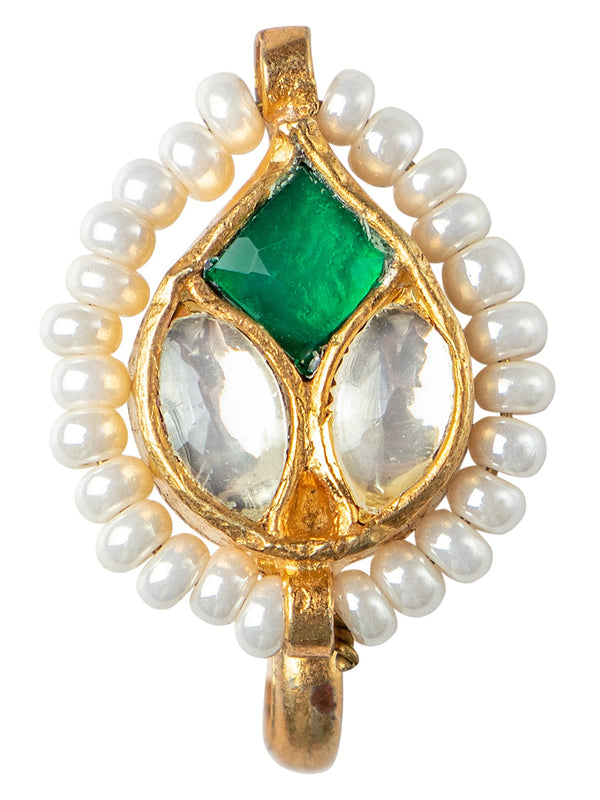 Women's Gold-Plated  White & Greenpachi Kundan & Pearl Embellished Nosepin - Morkanth