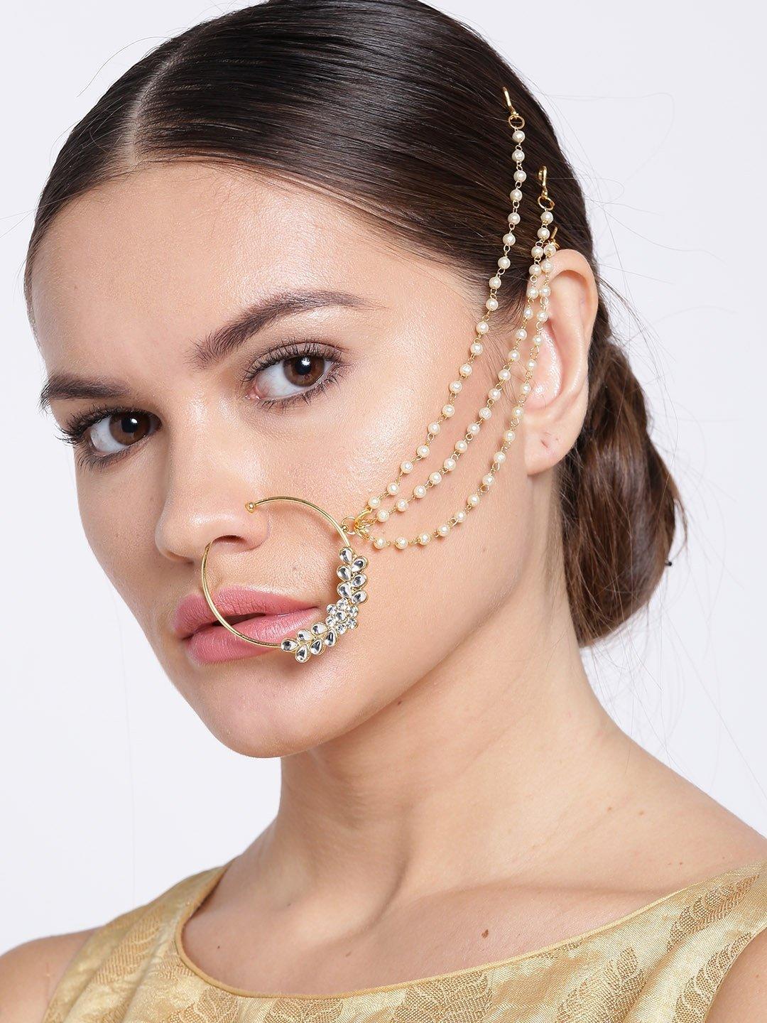 Women's traditional Gold Plated Nose Ring/Nath with 3 Pearl Chain For Women/Girls - Priyaasi - Indiakreations