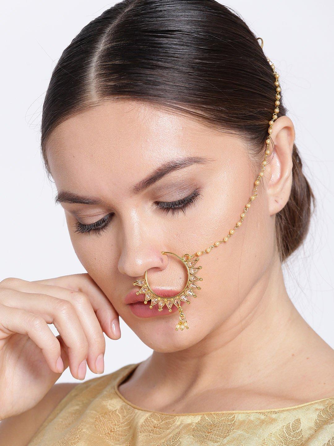 Women's traditional Gold Plated Nose Ring/Nath with 3 Pearl Chain For Women/Girls - Priyaasi - Indiakreations