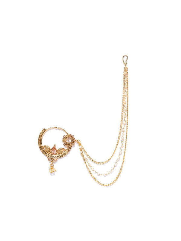 Women's Traditional Gold Plated NoseRing/Nath With Pearl Chain For Women And Girls - Priyaasi