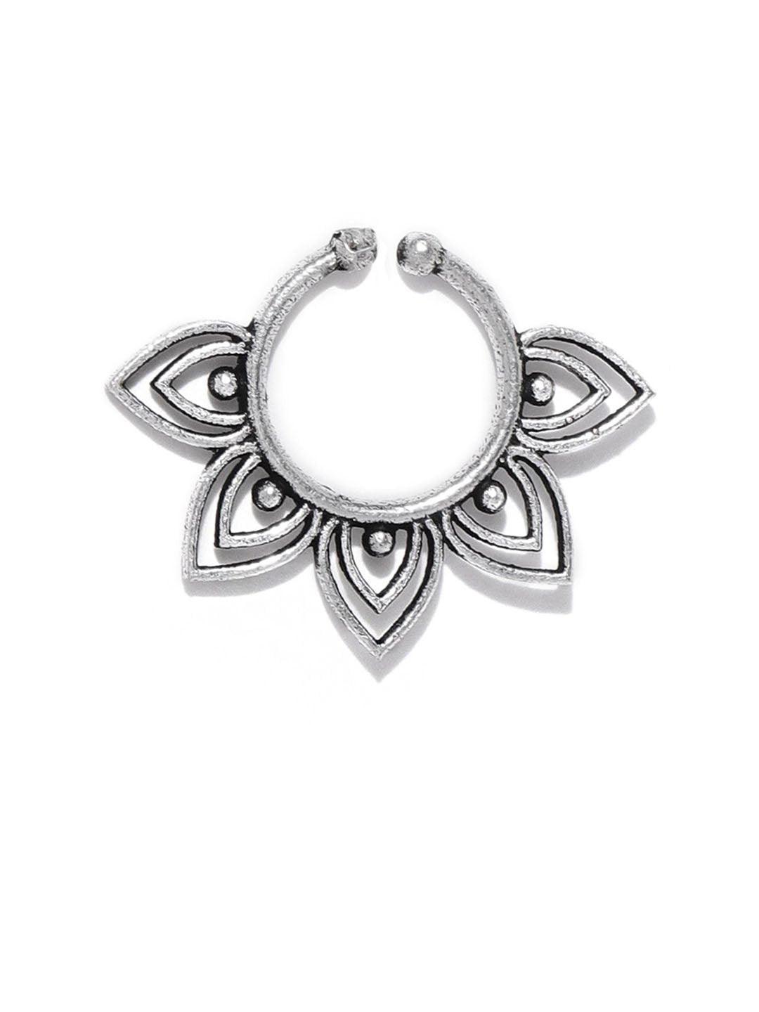 Women's Oxidised Silver-Toned Floral Design Septum Nosepin For Women - Priyaasi - Indiakreations