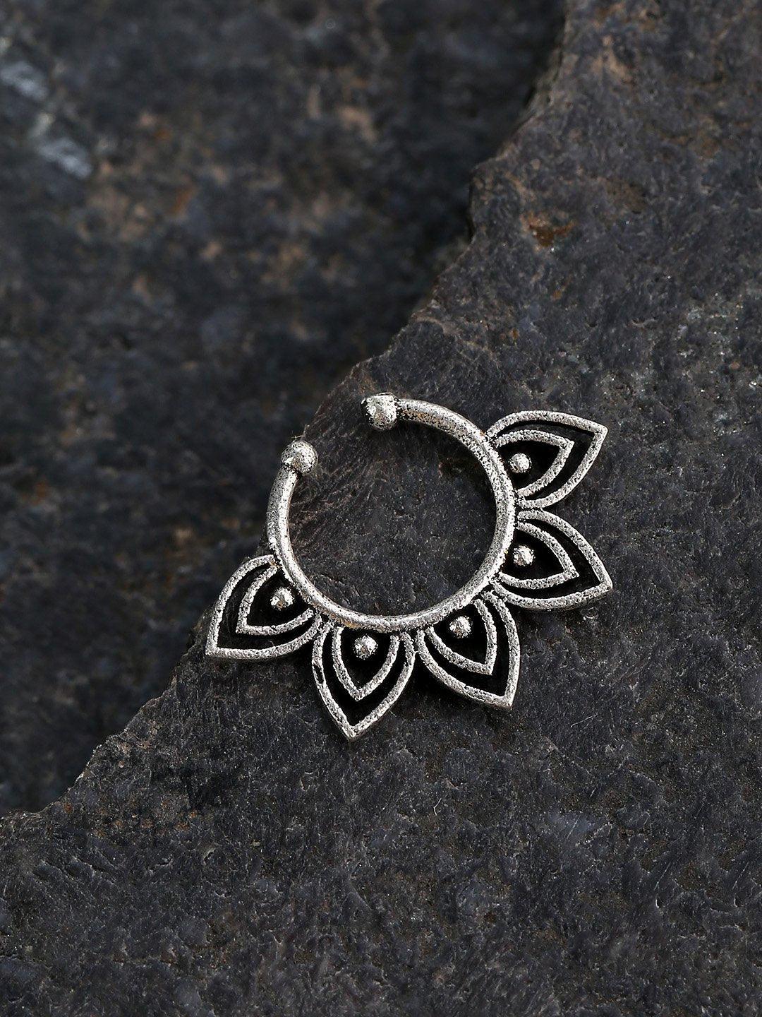 Women's Oxidised Silver-Toned Floral Design Septum Nosepin For Women - Priyaasi - Indiakreations