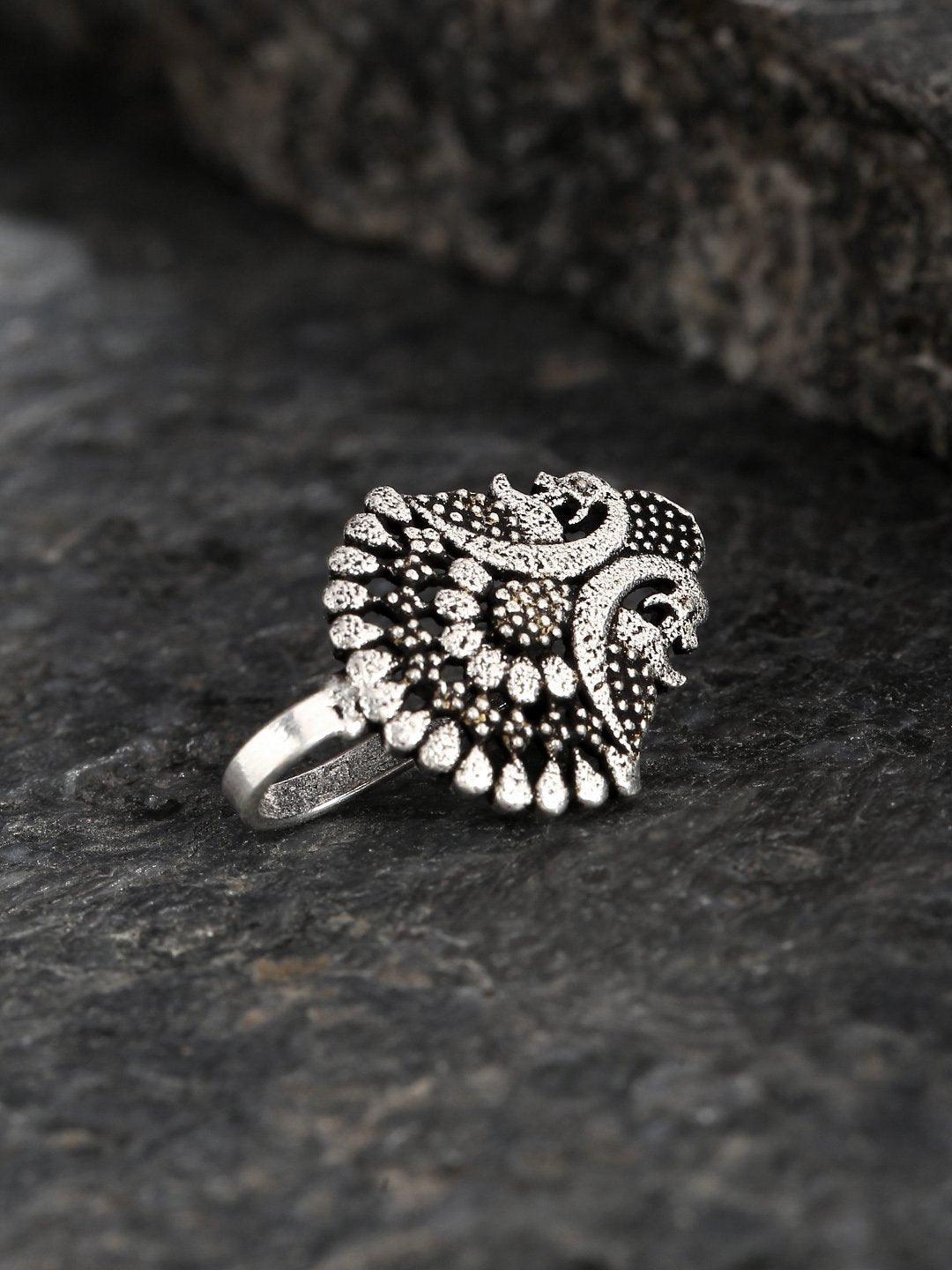 Women's Oxidised Silver-Toned Peacock Inspired Beautiful Free Size Clip-On Nosepin - Priyaasi - Indiakreations