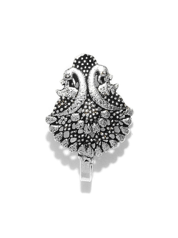 Women's Oxidised Silver-Toned Peacock Inspired Beautiful Free Size Clip-On Nosepin - Priyaasi