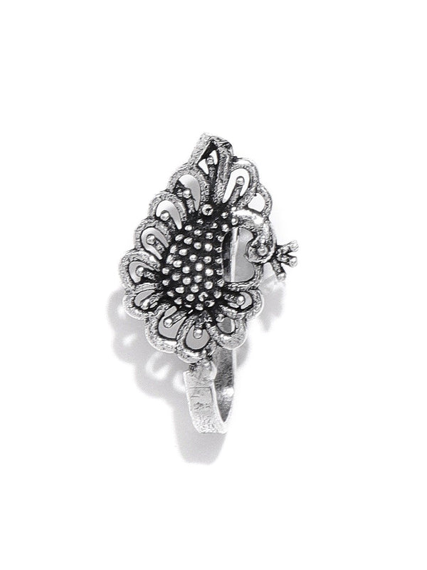 Women's  Antique Oxidised Silver-Toned Peacock Inspired Free Size Clip-On Nosepin - Priyaasi