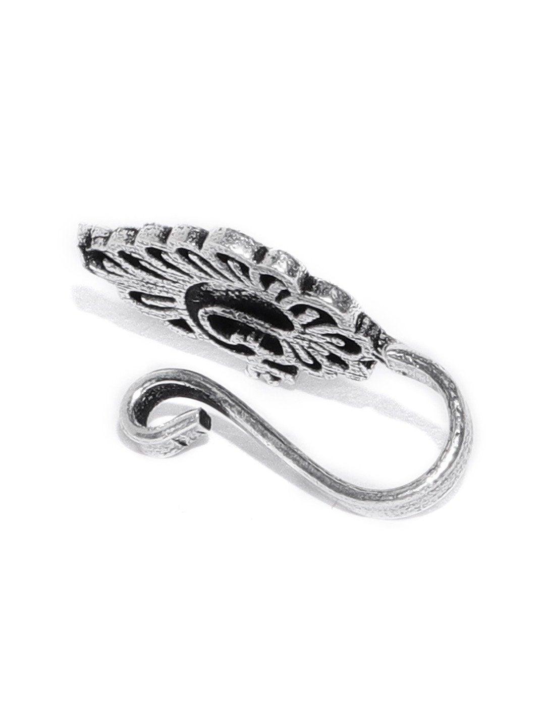 Women's Antique Oxidised Silver-Toned Peacock Inspired Free Size Clip-On Nosepin - Priyaasi - Indiakreations