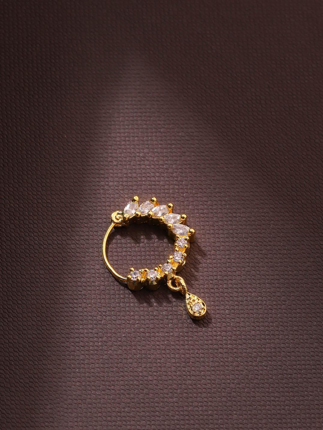 Women's Gold Plated Leaf Shaped American Diamond Studded Nath/Nose Ring - Priyaasi - Indiakreations