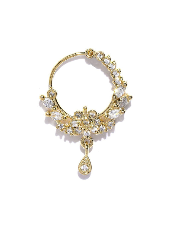 Women's Gold Plated American Diamond Studded Floral Designed Nose Ring - Priyaasi