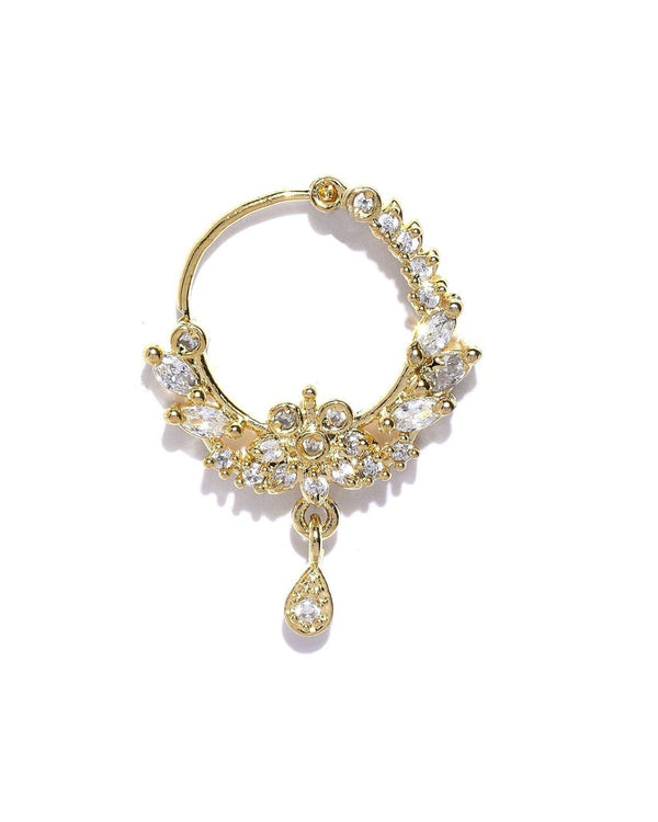 Women's Gold Plated American Diamond Studded Floral Designed Nose Ring - Priyaasi - Indiakreations