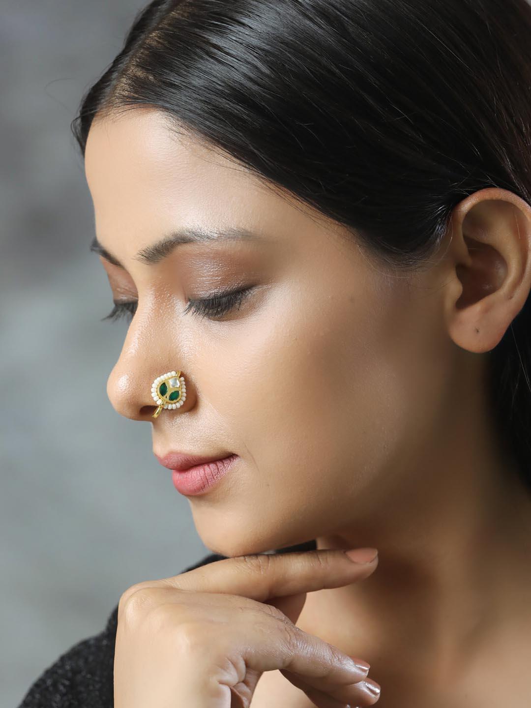 Women's Pearls Kundan Gold Plated Nose Pin - Priyaasi - Indiakreations