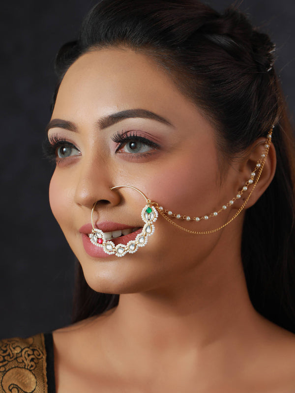 Women's Floral Kundan Studded Gold Plated Nose Ring - Priyaasi