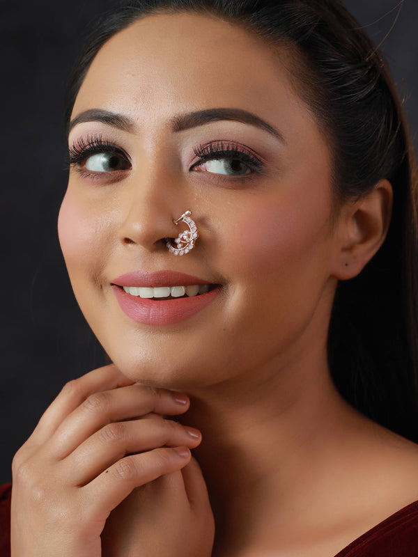 Women's Floral American Diamond Rose Gold Plated Nose Ring - Priyaasi