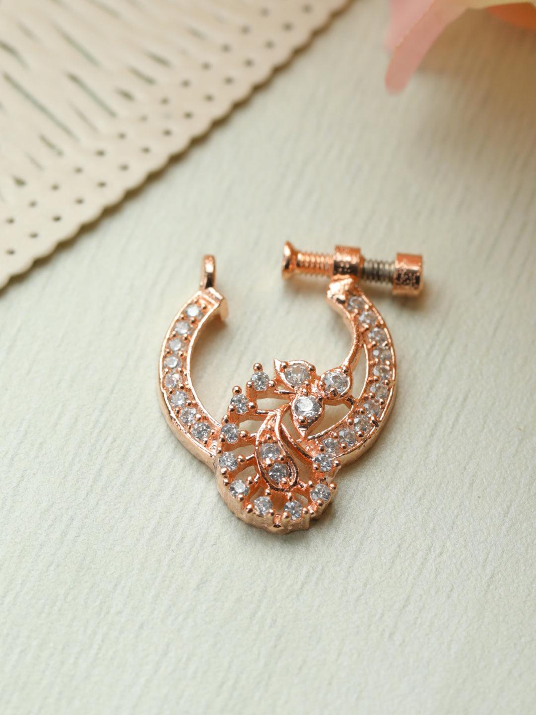 Women's Floral American Diamond Rose Gold Plated Nose Ring - Priyaasi - Indiakreations