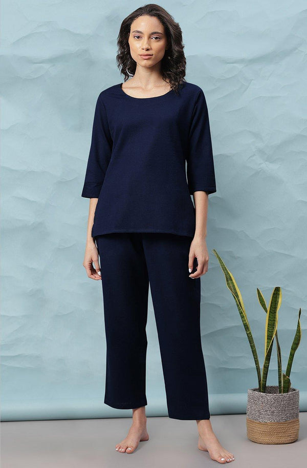 Women's Navy Blue Cotton Flex Night Suit Set-Mansa - Indiakreations