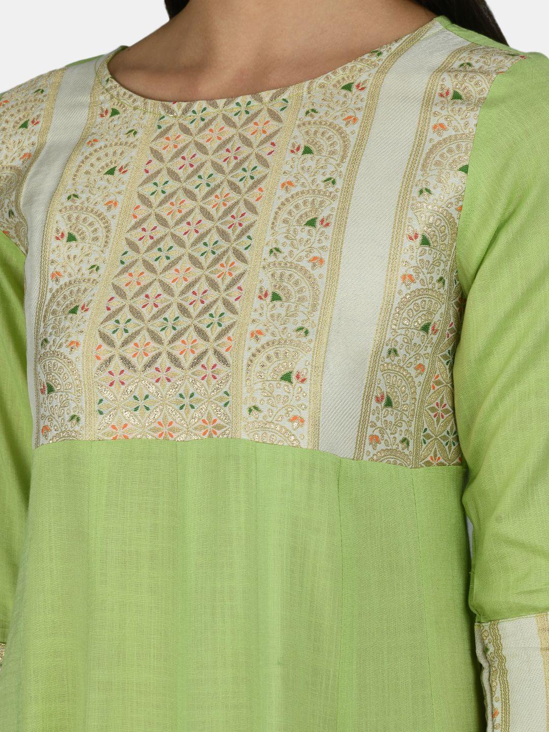 Women's Green Rayon Printed 3/4 Sleeve Round Neck Casual Anarkali Dupatta Set - Myshka - Indiakreations