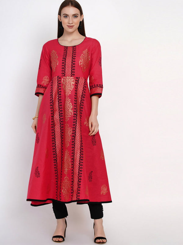 Women's Coral Red Festive Ajrakh Hand Block Cotton Printed Anarkali - Wahe-Noor