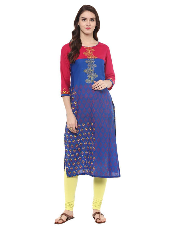 Women's Navy Blue And Red Color Ajrakh Hand Block Cotton Printed Straight Kurta  - Noz2Toz