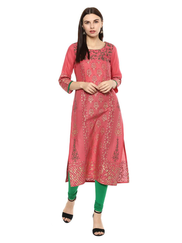 Women's Old Rose Ajrakh Hand Block Foil Printed Cotton Printed Straight Kurta  - Noz2Toz