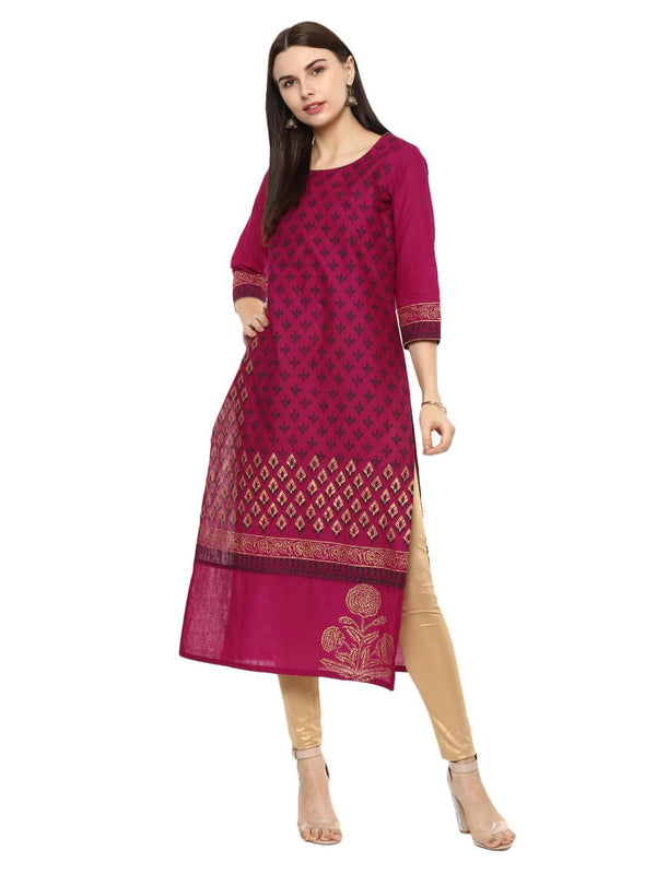 Women's Purple Overall Ajrakh Hand Block Cotton Printed Straight Kurta  - Noz2Toz