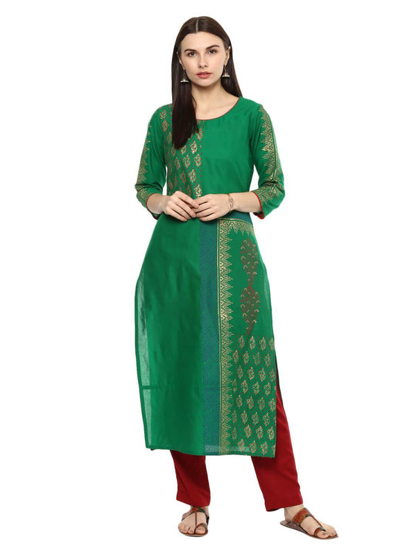 Women's Green Ajrakh Floral Hand Block Cotton Printed Straight Kurta  - Noz2Toz