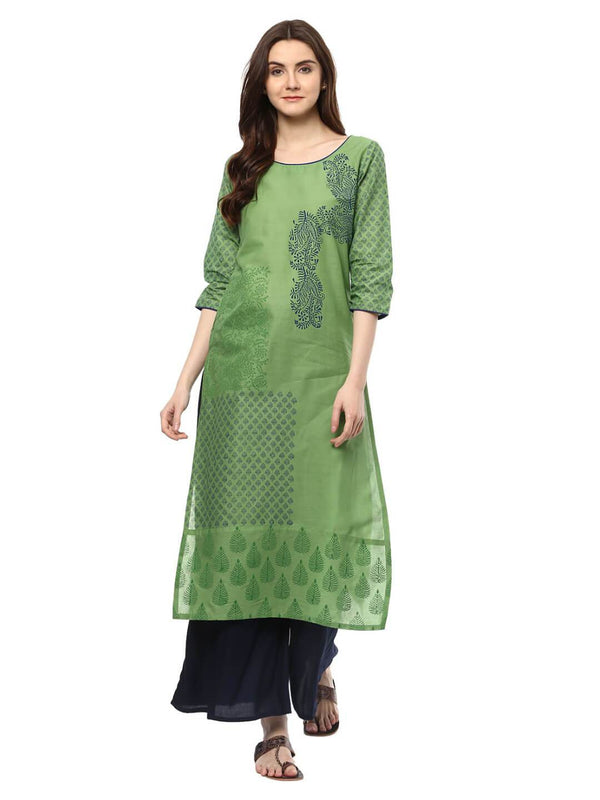 Women's Pastel Green Ajrakh Hand Block Cotton Printed Straight Kurta  - Noz2Toz