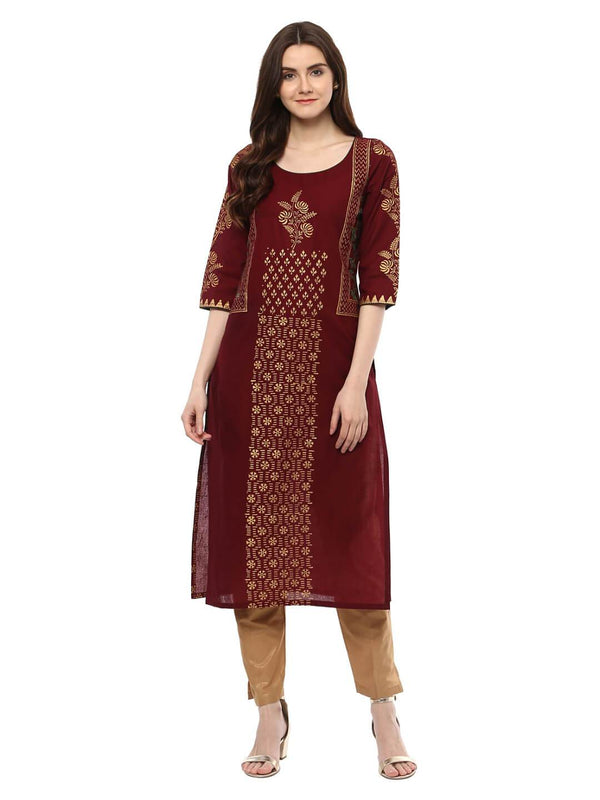 Women's Maroon Festive Ajrakh Hand Block Cotton Printed Straight Kurta - Noz2Toz