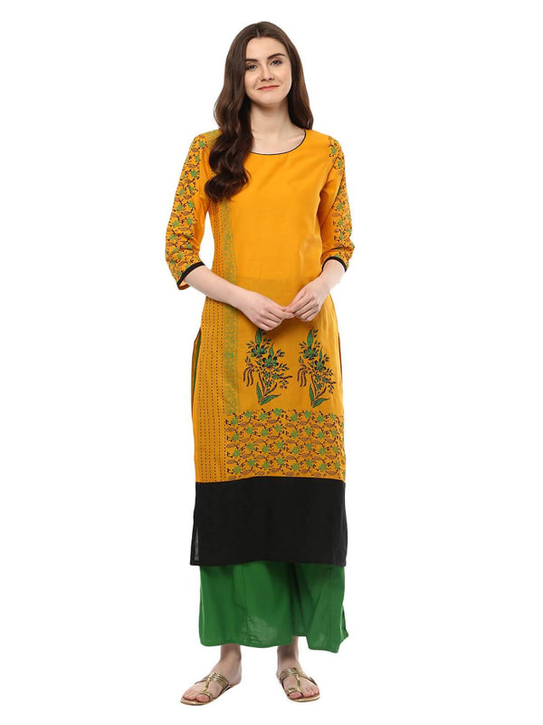 Women's Mustard Ajrakh Hand Block Floral Printed Straight Cotton Kurta  - Noz2Toz