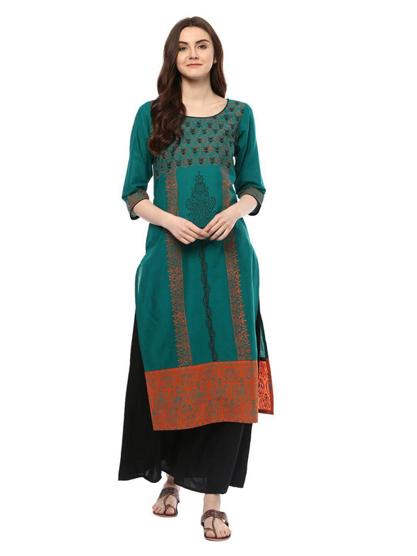 Women's Peacock Blue Ajrakh Hand Block Cotton Printed Straight Kurta - Noz2Toz