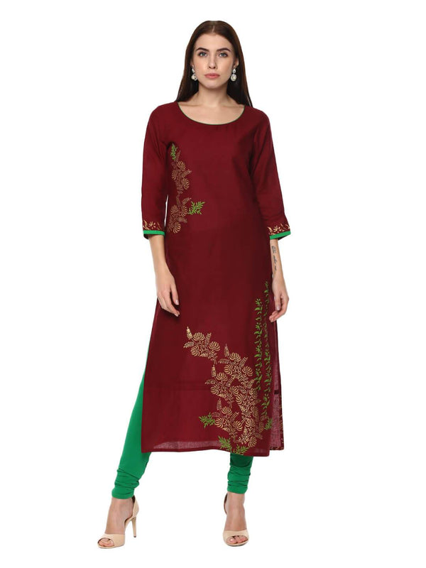 Women's Modern Maroon Floral Print Ajrakh Hand Block Cotton Printed Straight Kurta - Noz2Toz