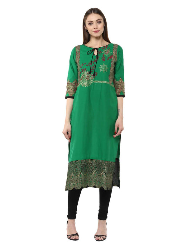 Women's Green Floral  Ajrakh Hand Block Cotton Printed Straight Kurta -Bhor - Noz2Toz