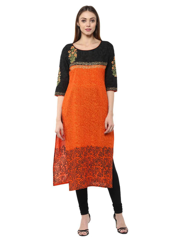 Women's Orange Floral  Ajrakh Hand Block Cotton Printed Straight Kurta  - Noz2Toz