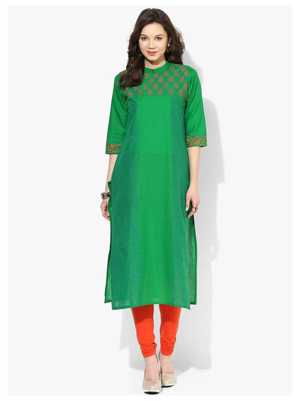 Women's Peacock Green Ajrakh Hand Block Cotton Printed Straight Kurta  - Noz2Toz