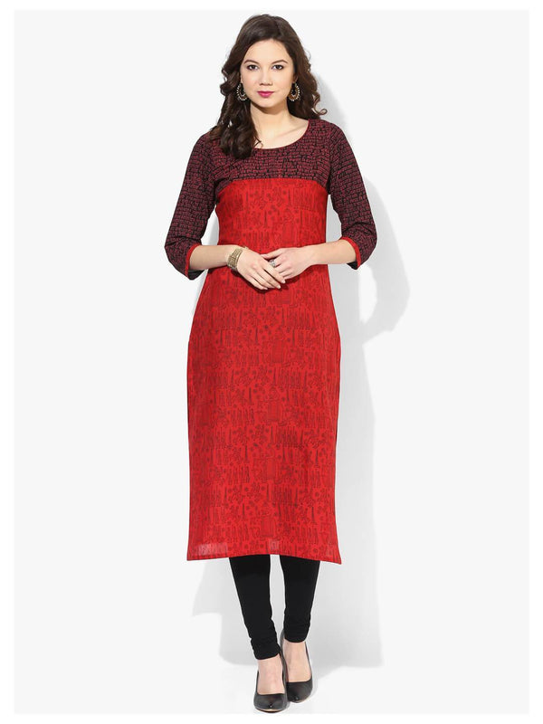 Women's Tribal Red Ajrakh Hand Block Cotton Printed Straight Kurta - Wahe-Noor