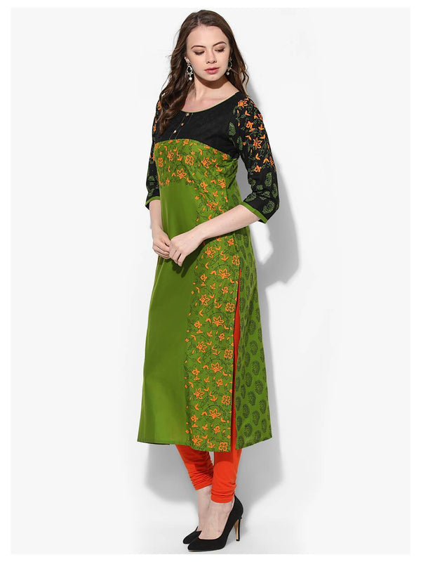 Women's Parrot Green Ajrakh Hand Block Cotton Printed Straight Kurta  - Noz2Toz