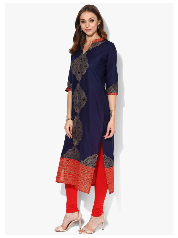 Women's Indigo And Golden Ajrakh Hand Block Cotton Printed Straight Kurta  - Noz2Toz