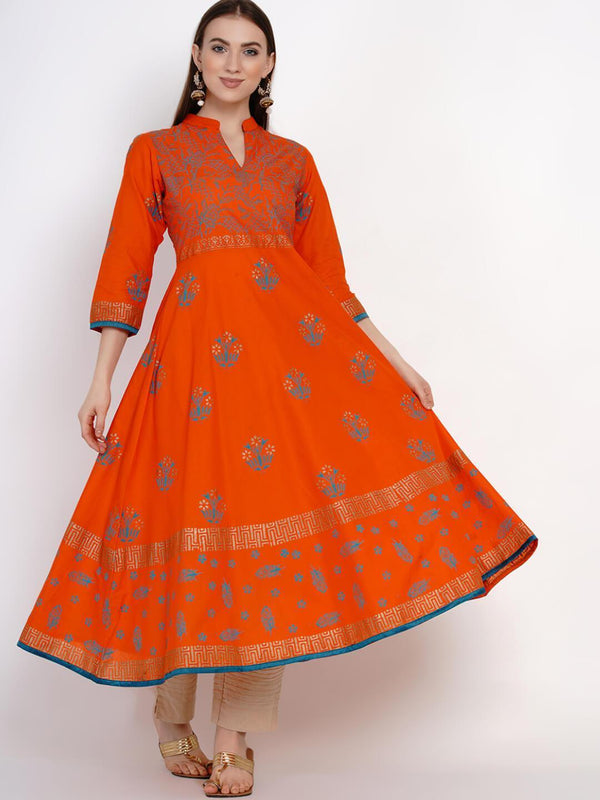 Women's Orange Ajrakh Hand Block Cotton Anarkali With Turquoise Print - Noz2Toz