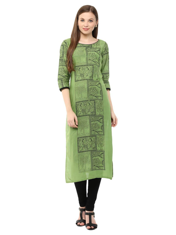 Women's Pastel Green Madhubani Ajrakh Hand Block Cotton Printed Straight Kurta  - Noz2Toz