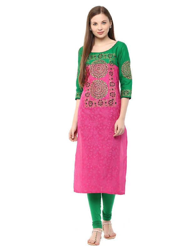 Women's Pink And Green  Ajrakh Hand Block  Printed Cotton Straight Kurta - Noz2Toz