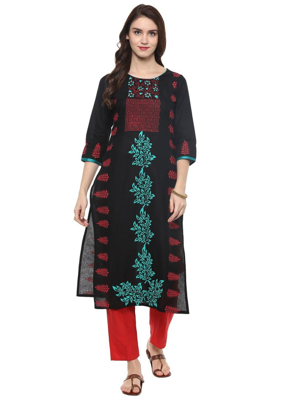 Women's Navy Blue Ajrakh Hand Block Floral Printed Cotton Straight Kurta - Noz2Toz