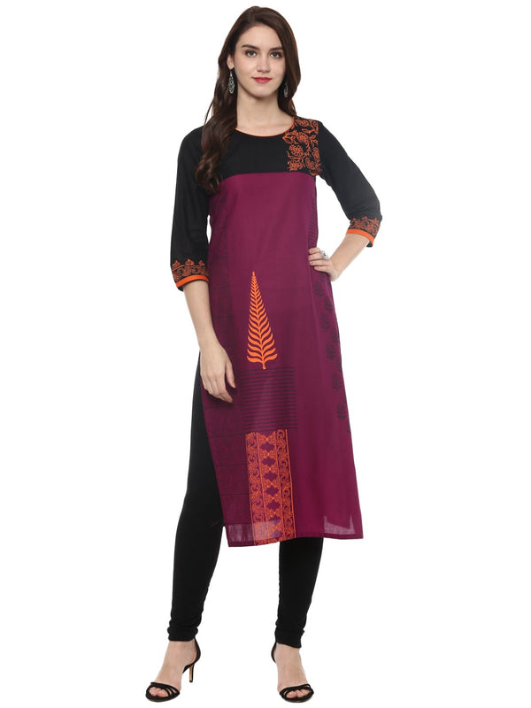 Women's Magenta And Black Ajrakh Hand Block Neon Printed Cotton Straight Kurta - Noz2Toz