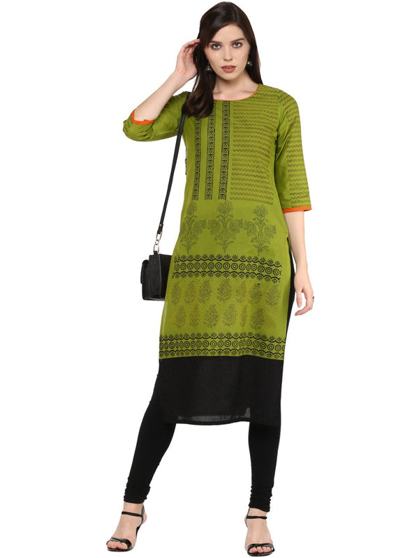 Women's Turtle Green And Black Ajrakh Hand Block Cotton Printed Straight Kurta - Noz2Toz