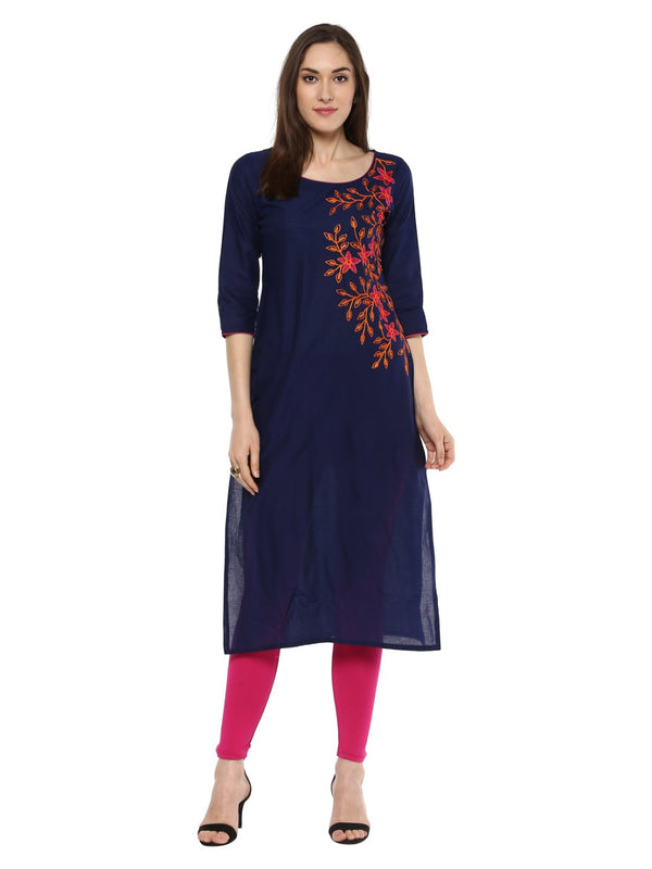 Women's Coral Blue Ajrakh Hand Block Cotton Printed Floral Kurta - Wahe-Noor