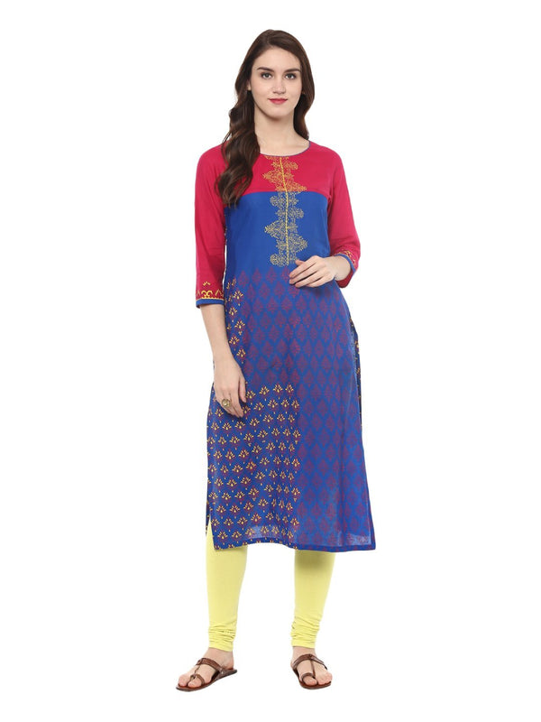 Women's Indigo Blue Ajrakh Hand Block Cotton Printed Straight Kurta With Contrast Prints - Noz2Toz