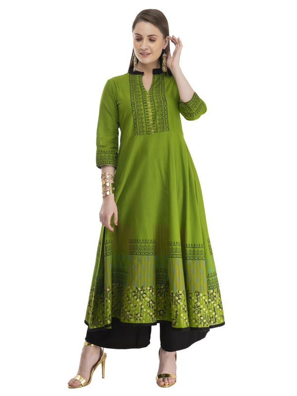 Women's Minimal Olive Green Cotton Anarkali With Ajrakh Hand Block Golden Foil Print - Noz2Toz