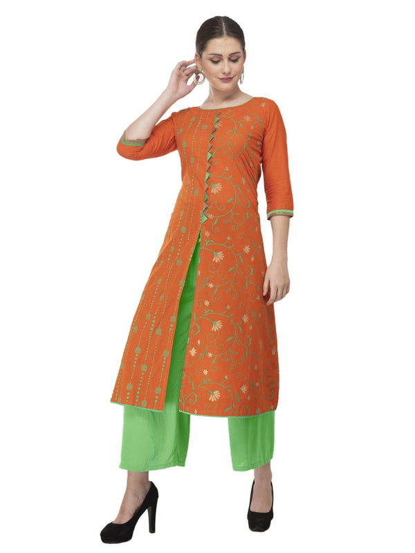 Women's Orange Front Open Ajrakh Hand Block Printed Cotton Straight Kurta - Noz2Toz